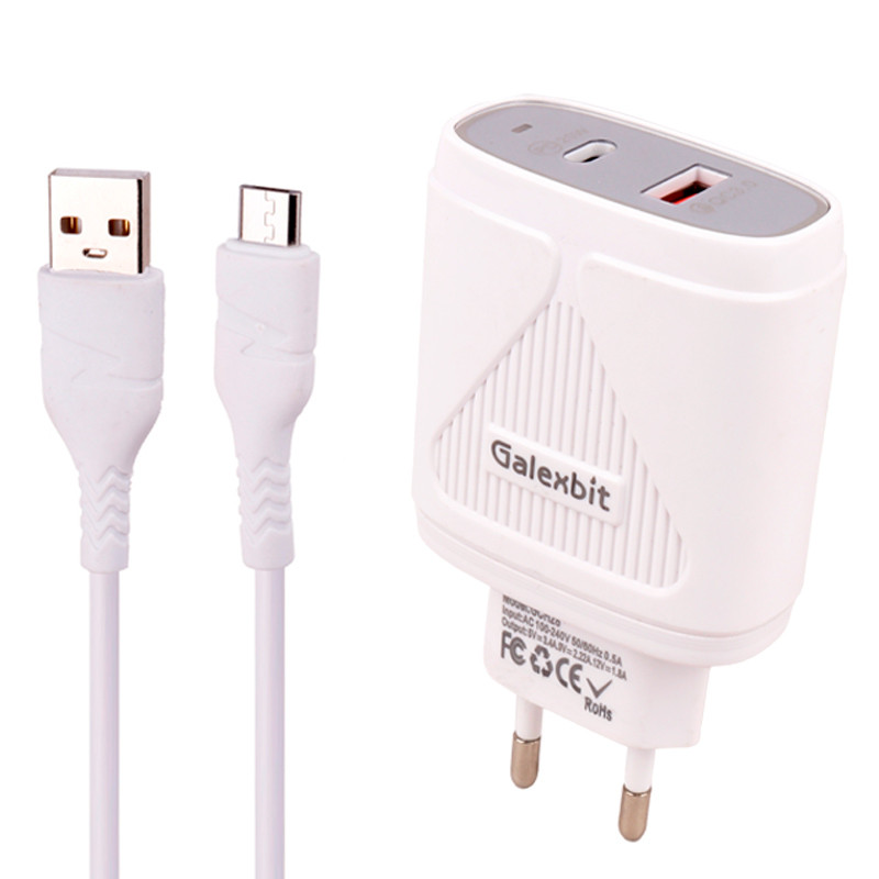شارژر دیواری فست شارژ Galexbit GCH28 2Port 5.8A PD 20W + کابل میکرو یو اس بی