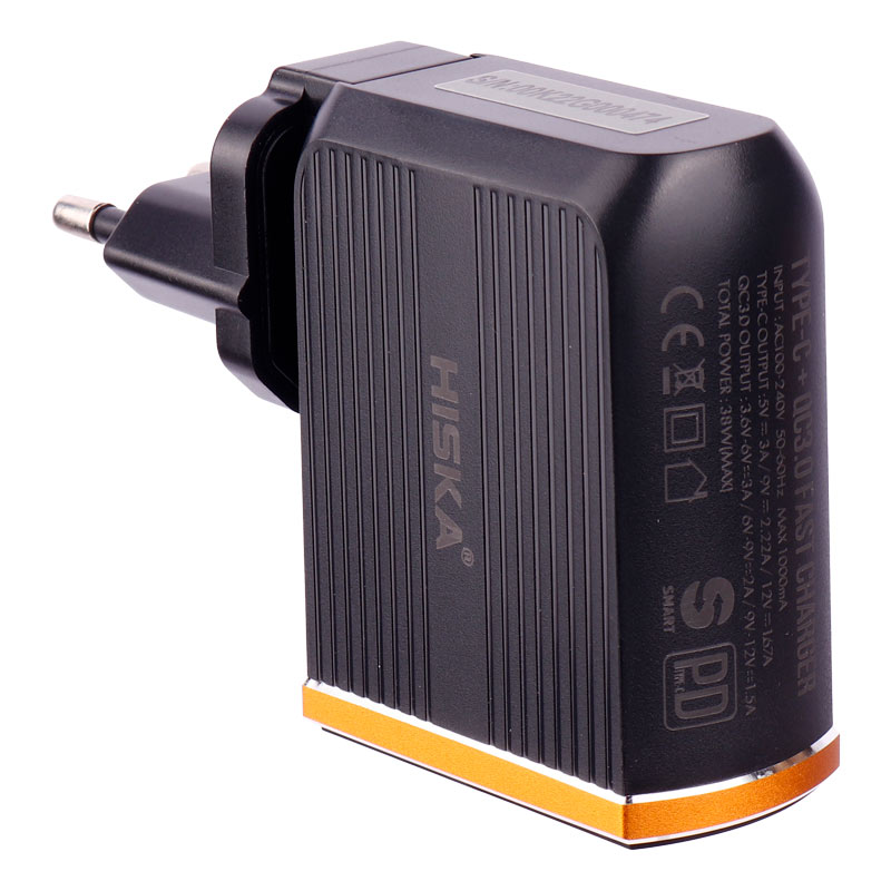 شارژر دیواری فست شارژ Hiska H-114PD 2Port QC3.0 PD 3A 38W Type-C + کابل تبدیل تایپ سی
