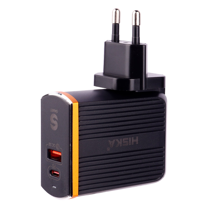 شارژر دیواری فست شارژ Hiska H-114PD 2Port QC3.0 PD 3A 38W Type-C + کابل تبدیل تایپ سی