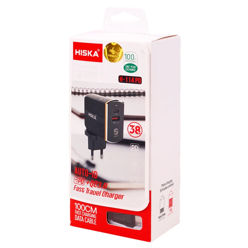 شارژر دیواری 38 وات هیسکا H-114PD QC3.0 PD 3A + کابل تبدیل تایپ سی