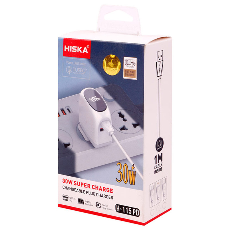 شارژر دیواری فست شارژ Hiska H-115PD 2Port QC3.0 PD 4.5A 30W Type-C + کابل تبدیل تایپ سی