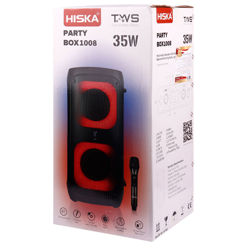 اسپیکر چمدانی بلوتوثی رم و فلش خور Hiska Party Box 1008 + میکروفون و ریموت کنترل