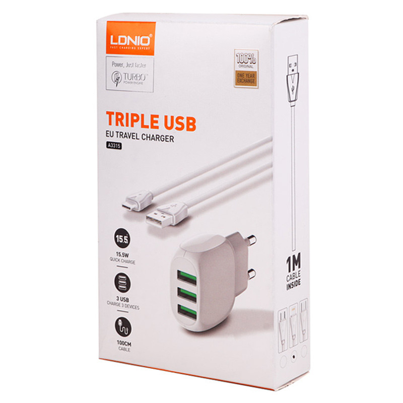 شارژر دیواری فست شارژ Ldnio A3315 3Port 3.1A 15.5W + کابل آیفونی