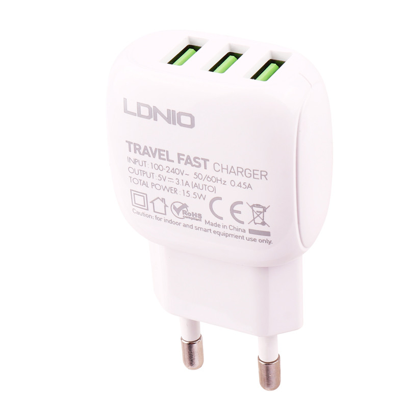شارژر دیواری فست شارژ Ldnio A3315 3Port 3.1A 15.5W + کابل آیفونی