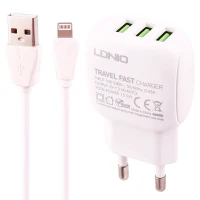 شارژر دیواری فست شارژ Ldnio A3315 3Port 3.1A 15.5W + کابل آیفونی
