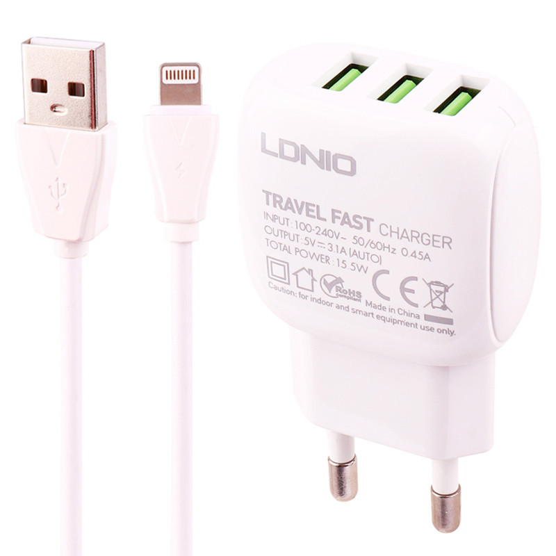 شارژر دیواری فست شارژ Ldnio A3315 3Port 3.1A 15.5W + کابل آیفونی