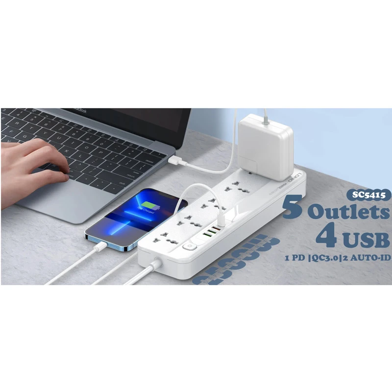 چند راهی 5 خانه الدینیو SC5415 با کابل 2 متری + شارژر USB و Type-C