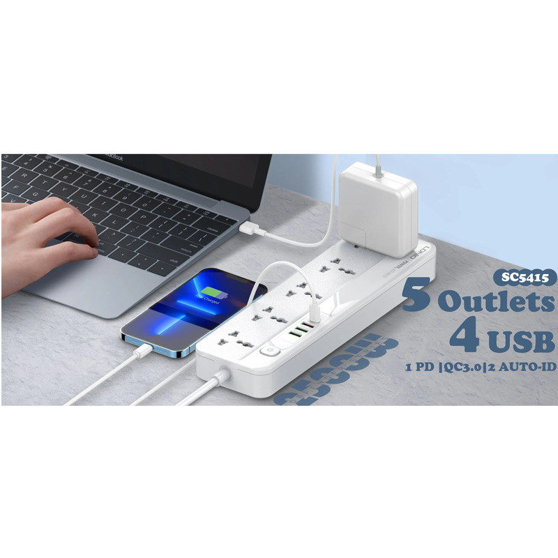 چند راهی 5 خانه برق الدینیو SC5415 با کابل 2 متری + شارژر USB و Type-C