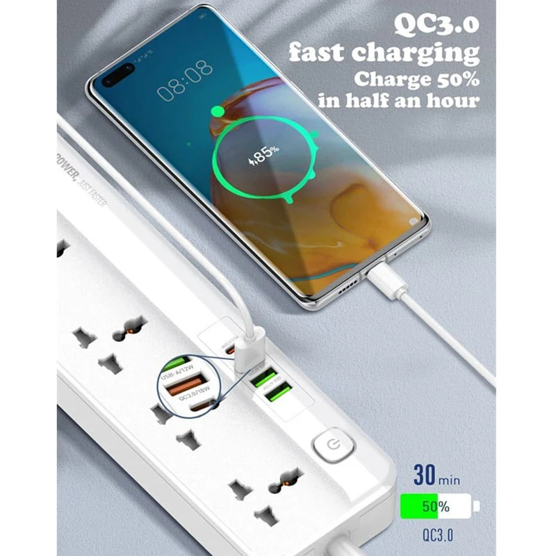 چند راهی 5 خانه الدینیو SC5415 با کابل 2 متری + شارژر USB و Type-C