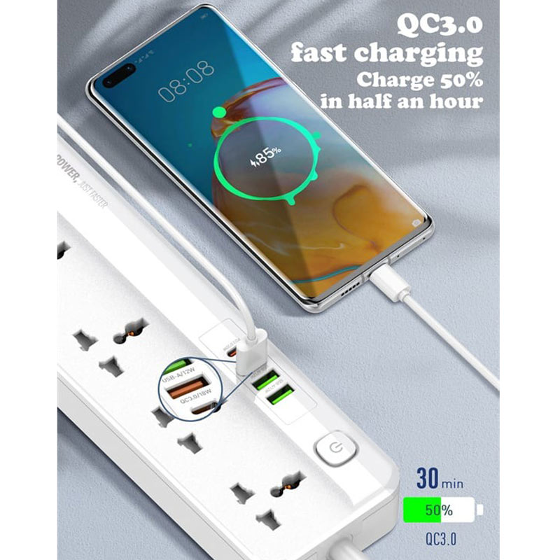 چند راهی 5 خانه برق الدینیو SC5415 با کابل 2 متری + شارژر USB و Type-C