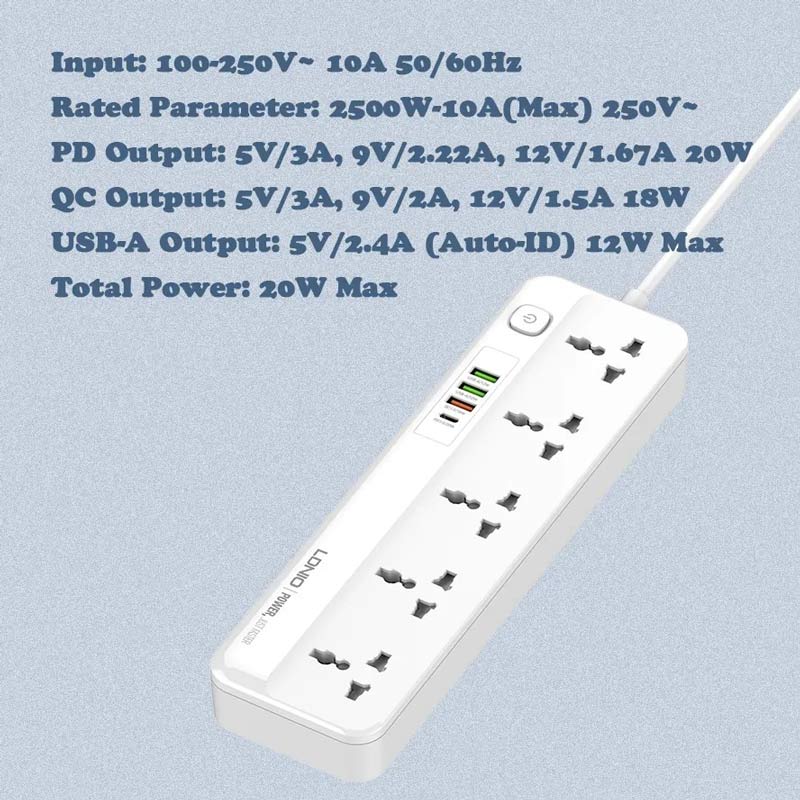 چند راهی 5 خانه برق الدینیو SC5415 با کابل 2 متری + شارژر USB و Type-C