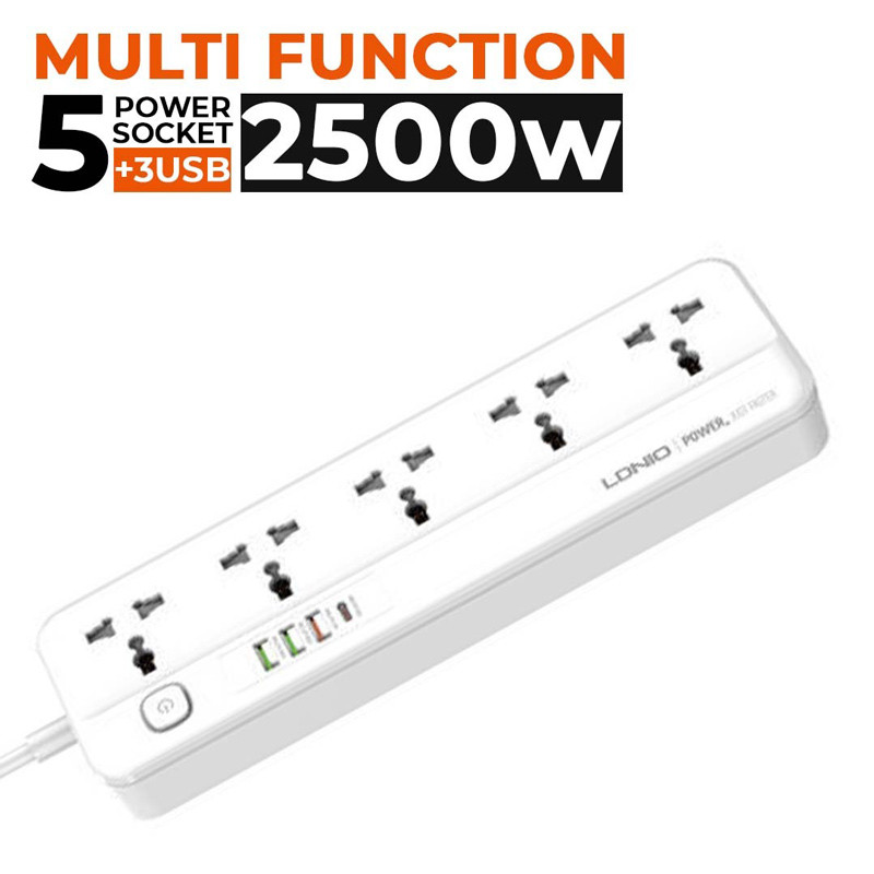 چند راهی 5 خانه برق الدینیو SC5415 با کابل 2 متری + شارژر USB و Type-C