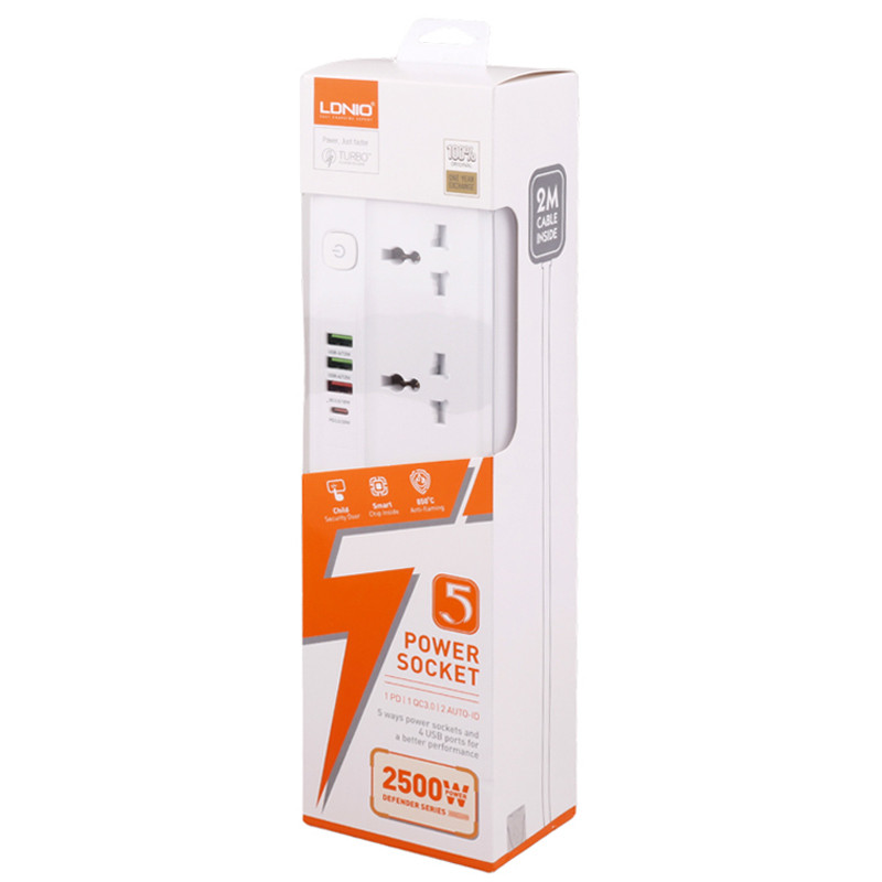 چند راهی 5 خانه برق الدینیو SC5415 با کابل 2 متری + شارژر USB و Type-C