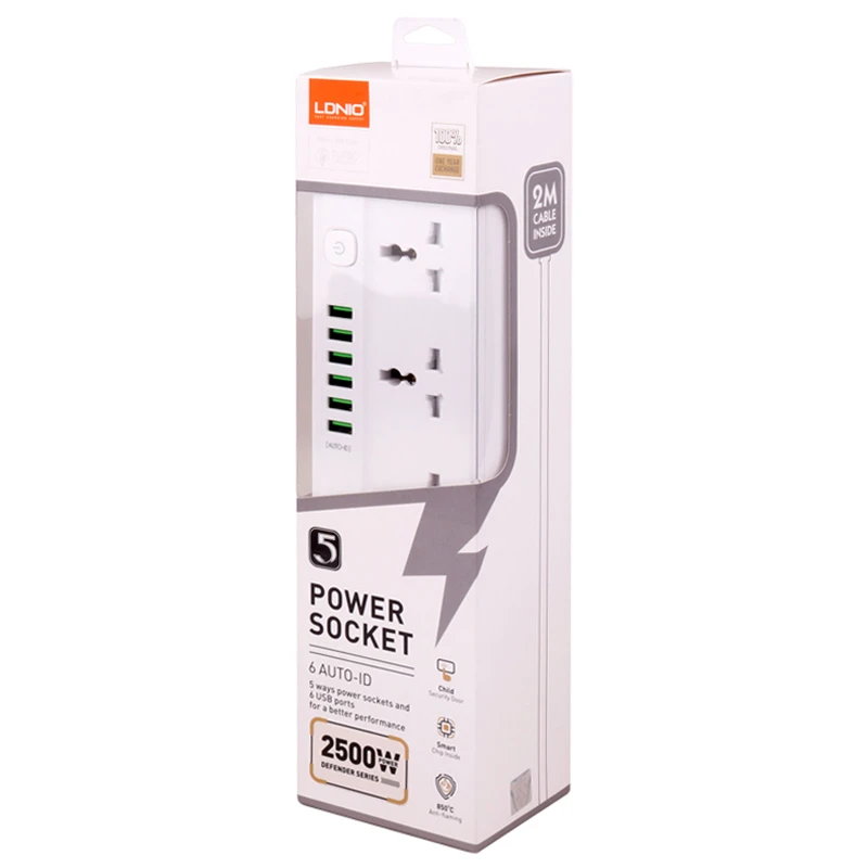 چند راهی 5 خانه ارت دار الدینیو SC5614 با کابل 2 متری + شارژر USB