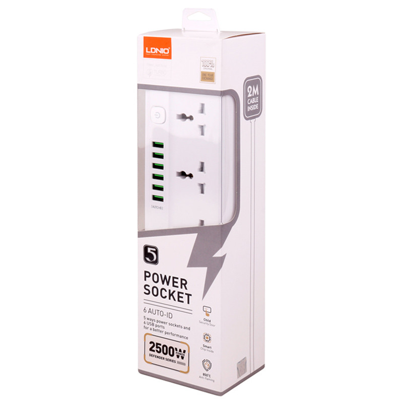 چند راهی 5 خانه برق ارت دار الدینیو SC5614 با کابل 2 متری + شارژر USB