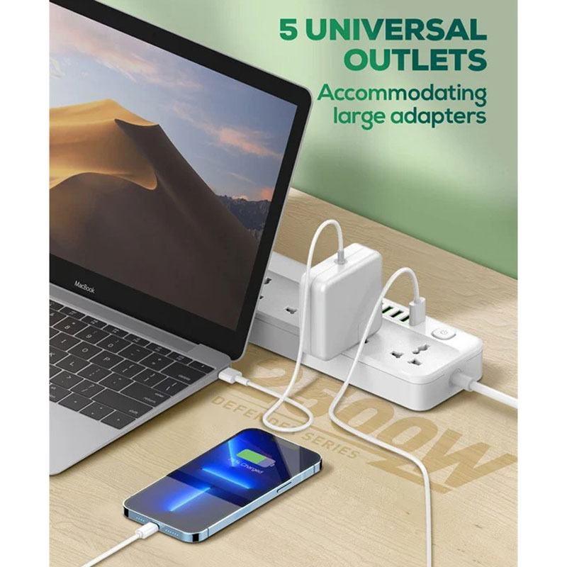 چند راهی 5 خانه برق ارت دار الدینیو SC5614 با کابل 2 متری + شارژر USB