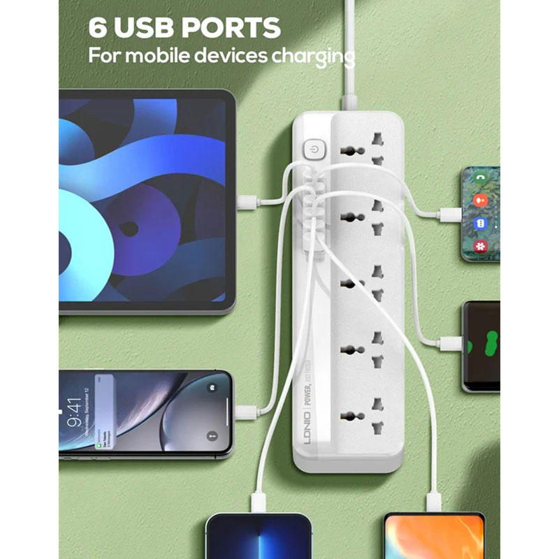 چند راهی 5 خانه برق ارت دار الدینیو SC5614 با کابل 2 متری + شارژر USB