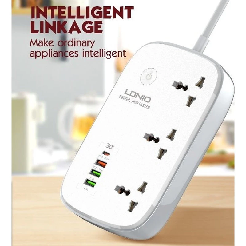 چند راهی 3 خانه ارت دار هوشمند الدینیو SCW3451 با کابل 2 متری + شارژر USB و Type-C