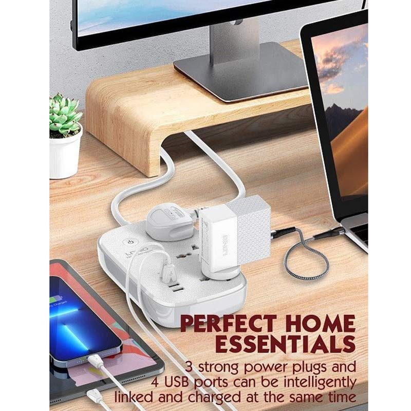 چند راهی 3 خانه ارت دار هوشمند الدینیو SCW3451 با کابل 2 متری + شارژر USB و Type-C