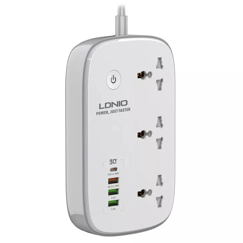 چند راهی 3 خانه ارت دار هوشمند الدینیو SCW3451 با کابل 2 متری + شارژر USB و Type-C