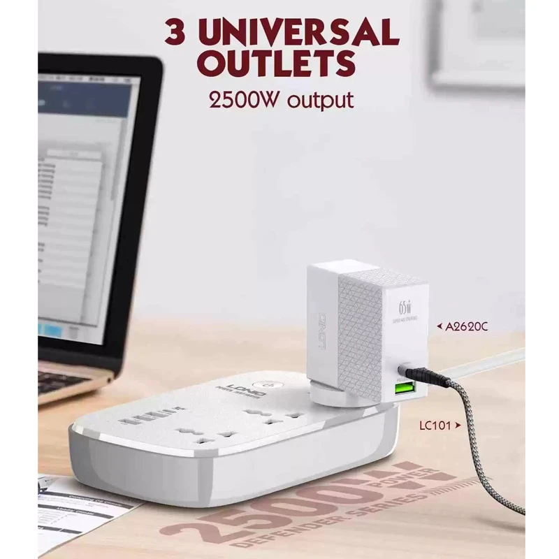 چند راهی 3 خانه ارت دار هوشمند الدینیو SCW3451 با کابل 2 متری + شارژر USB و Type-C