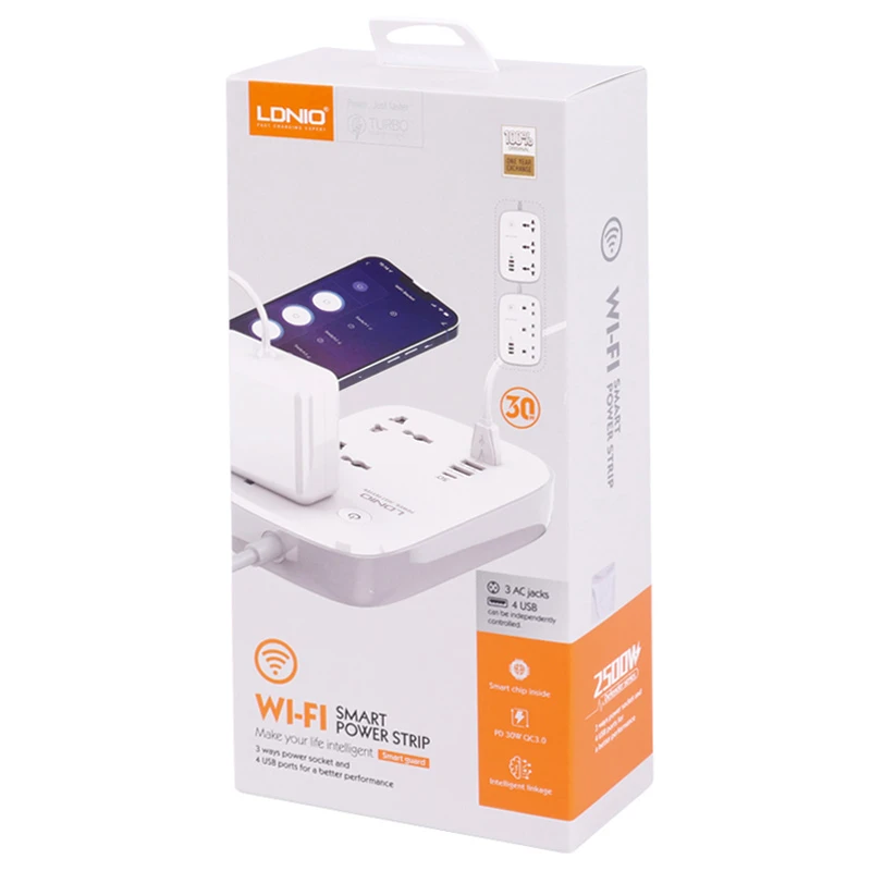 چند راهی 3 خانه ارت دار هوشمند الدینیو SCW3451 با کابل 2 متری + شارژر USB و Type-C