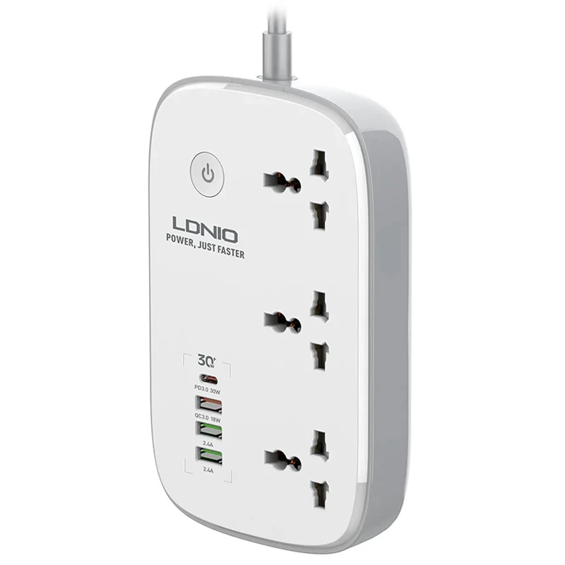 چند راهی 3 خانه ارت دار هوشمند الدینیو SCW3451 با کابل 2 متری + شارژر USB و Type-C