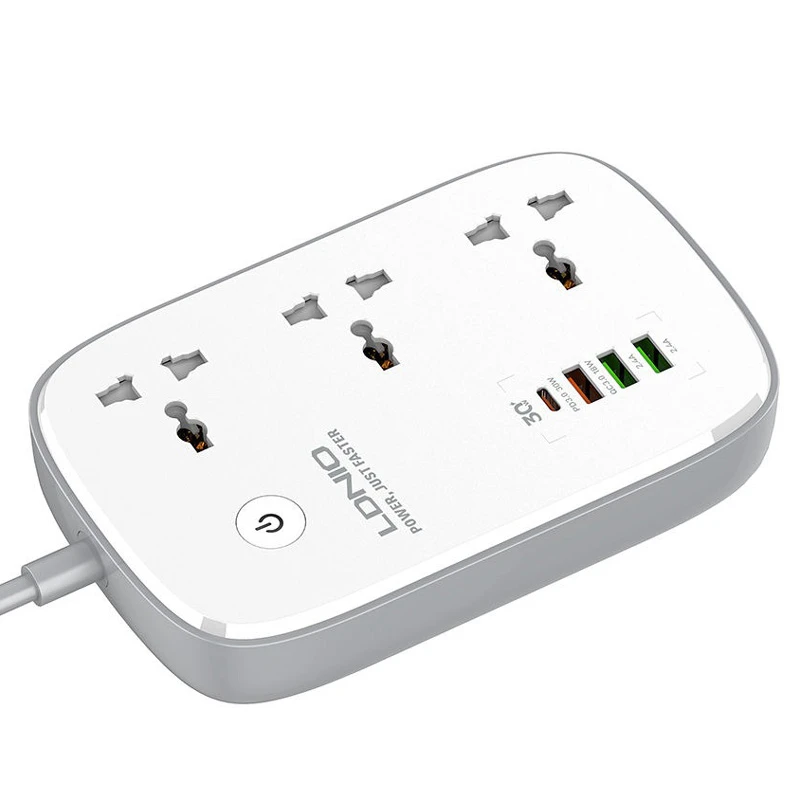 چند راهی 3 خانه ارت دار هوشمند الدینیو SCW3451 با کابل 2 متری + شارژر USB و Type-C