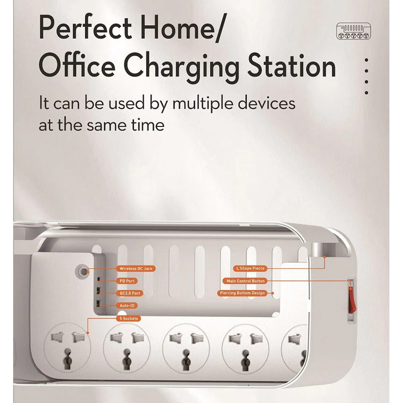 چند راهی برق و شارژر وایرلس الدینیو SCW5354 با کابل 2 متری + شارژر USB و Type-C