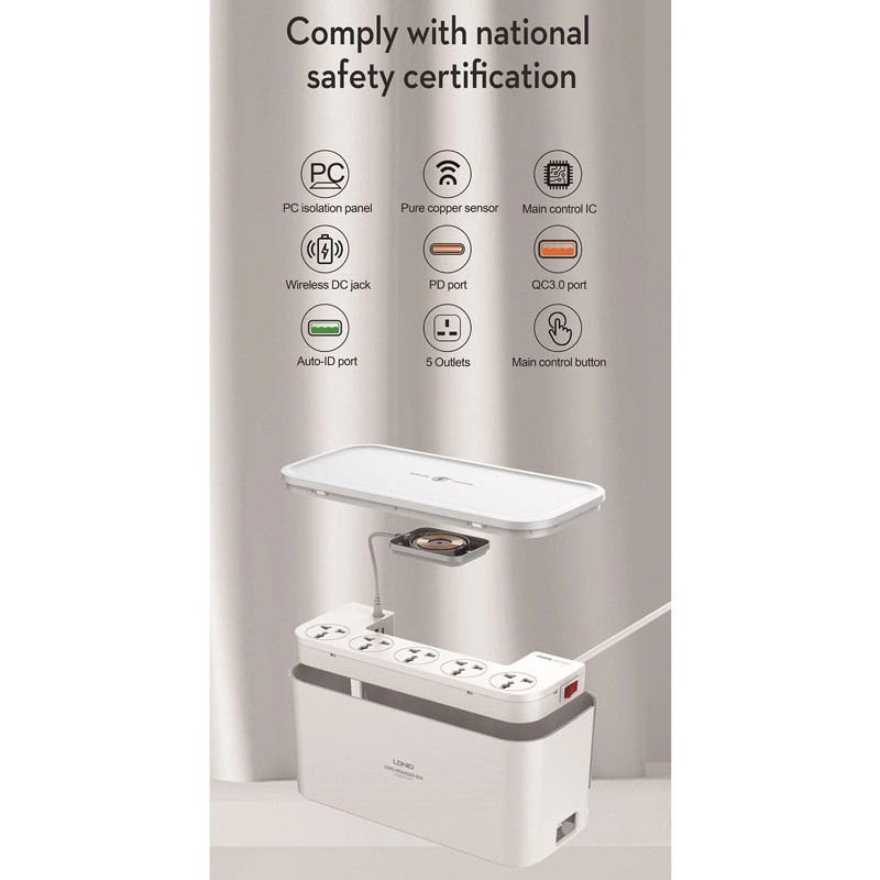 چند راهی برق و شارژر وایرلس الدینیو SCW5354 با کابل 2 متری + شارژر USB و Type-C