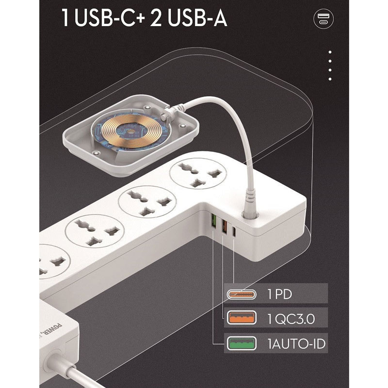 چند راهی برق و شارژر وایرلس الدینیو SCW5354 با کابل 2 متری + شارژر USB و Type-C