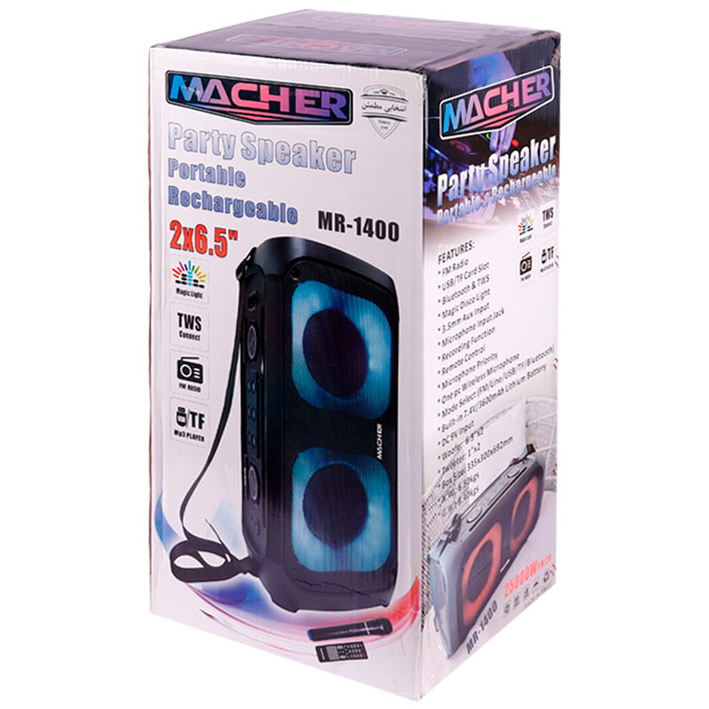 اسپیکر چمدانی بلوتوثی رم و فلش خور Macher MR-1400 + میکروفون و ریموت کنترل
