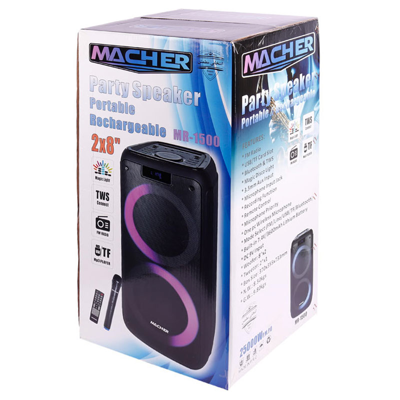 اسپیکر چمدانی بلوتوثی رم و فلش خور Macher MR-1500 + میکروفون و ریموت کنترل