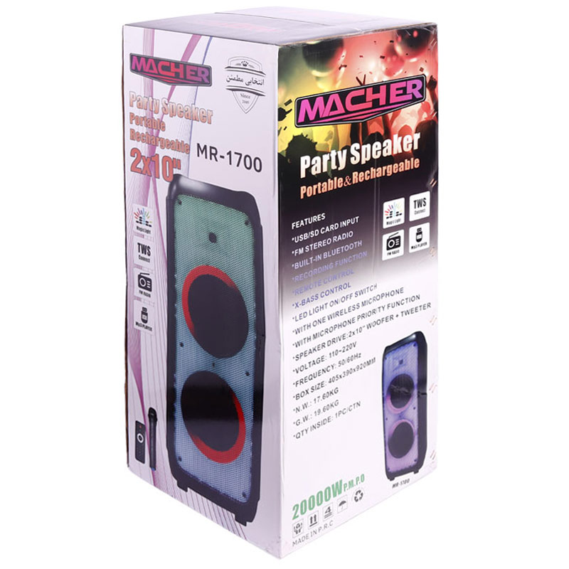 اسپیکر چمدانی بلوتوثی رم و فلش خور Macher MR-1700 + میکروفون و ریموت کنترل