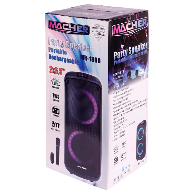 اسپیکر چمدانی بلوتوثی رم و فلش خور Macher MR-1800 + میکروفون و ریموت کنترل