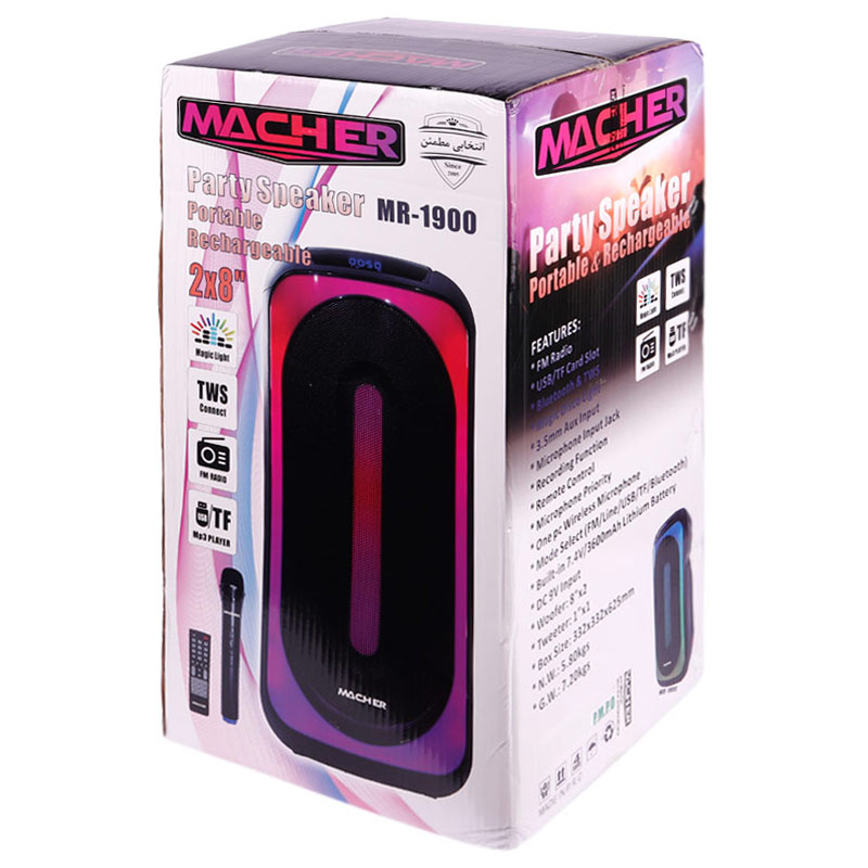 اسپیکر چمدانی بلوتوثی رم و فلش خور Macher MR-1900 + میکروفون و ریموت کنترل