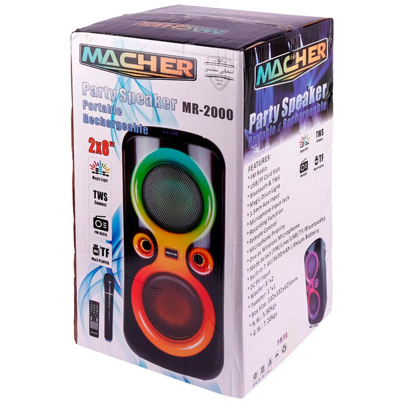 اسپیکر چمدانی بلوتوثی رم و فلش خور Macher MR-2000 + میکروفون و ریموت کنترل
