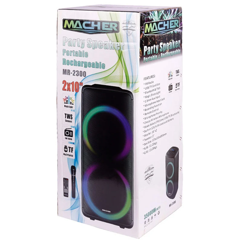 اسپیکر چمدانی بلوتوثی رم و فلش خور Macher MR-2300 + میکروفون و ریموت کنترل