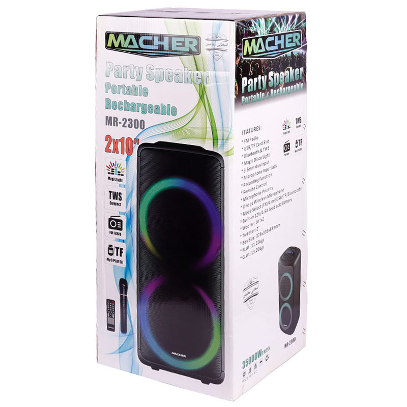 اسپیکر چمدانی بلوتوثی رم و فلش خور Macher MR-2300 + میکروفون و ریموت کنترل