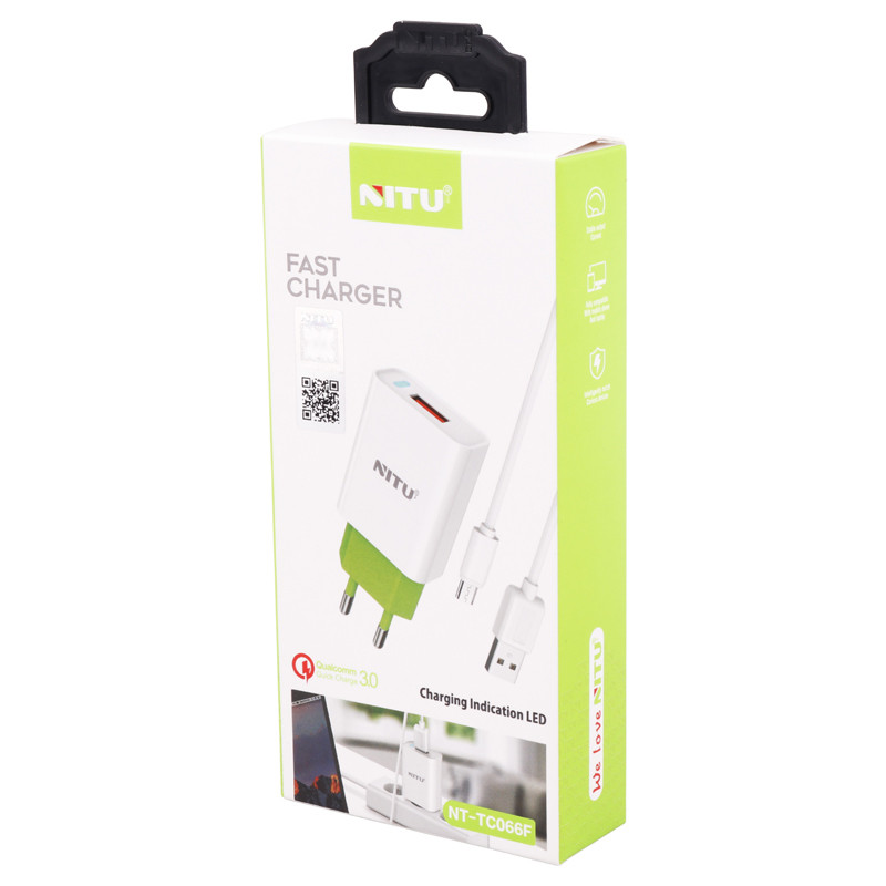 شارژر دیواری فست شارژ Nitu NT-TC066F QC3.0 PD 3A 18W + کابل میکرو یو اس بی