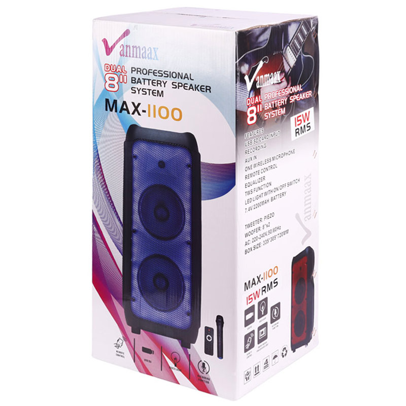 اسپیکر چمدانی بلوتوثی رم و فلش خور Vanmaax MAX-1100 + میکروفون و ریموت کنترل