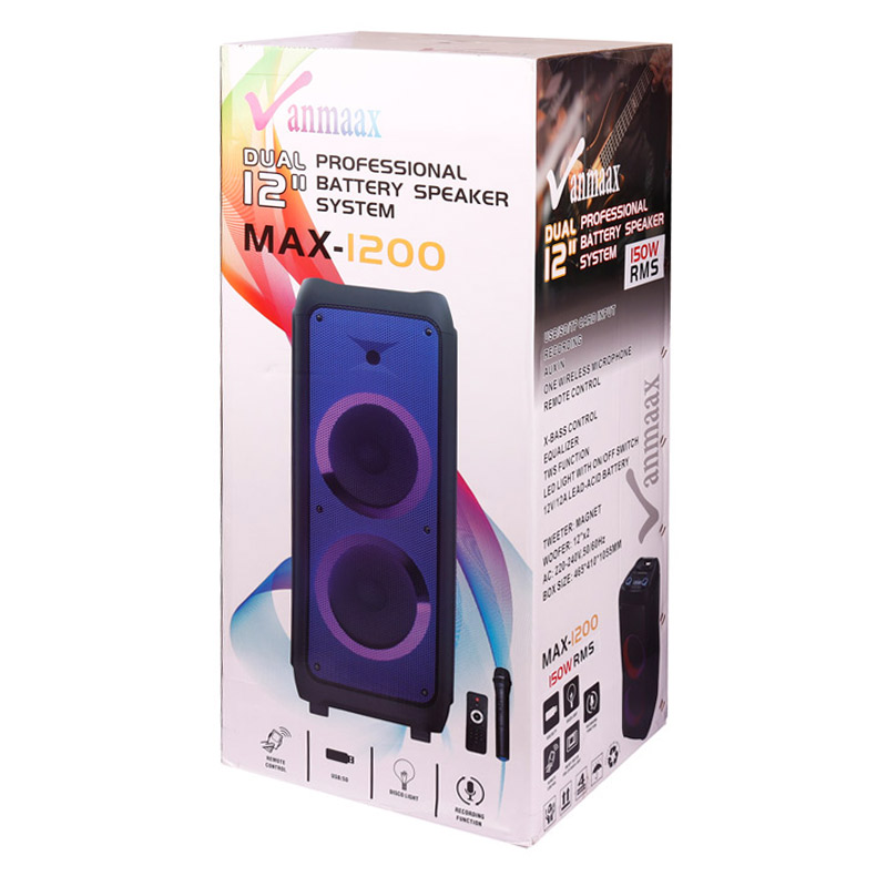 اسپیکر چمدانی بلوتوثی رم و فلش خور Vanmaax MAX-1200 + میکروفون و ریموت کنترل