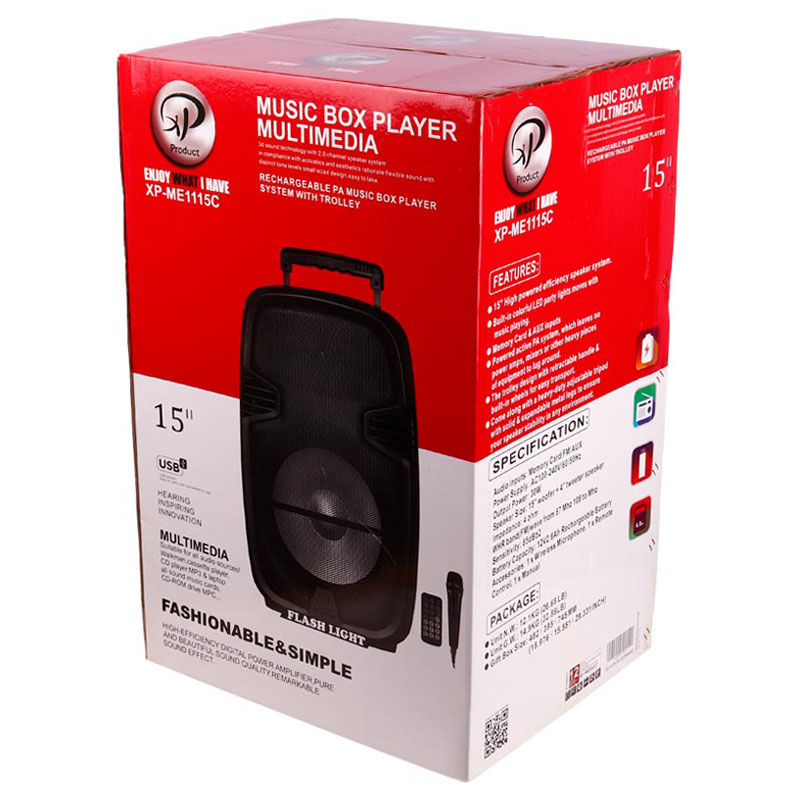 اسپیکر چمدانی بلوتوثی رم و فلش خور XP-Product XP-ME1115C + میکروفون و ریموت کنترل