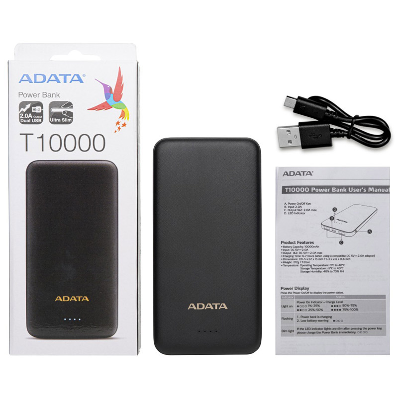 پاور بانک ای دیتا T10000 10W ظرفیت 10000 میلی آمپر ساعت