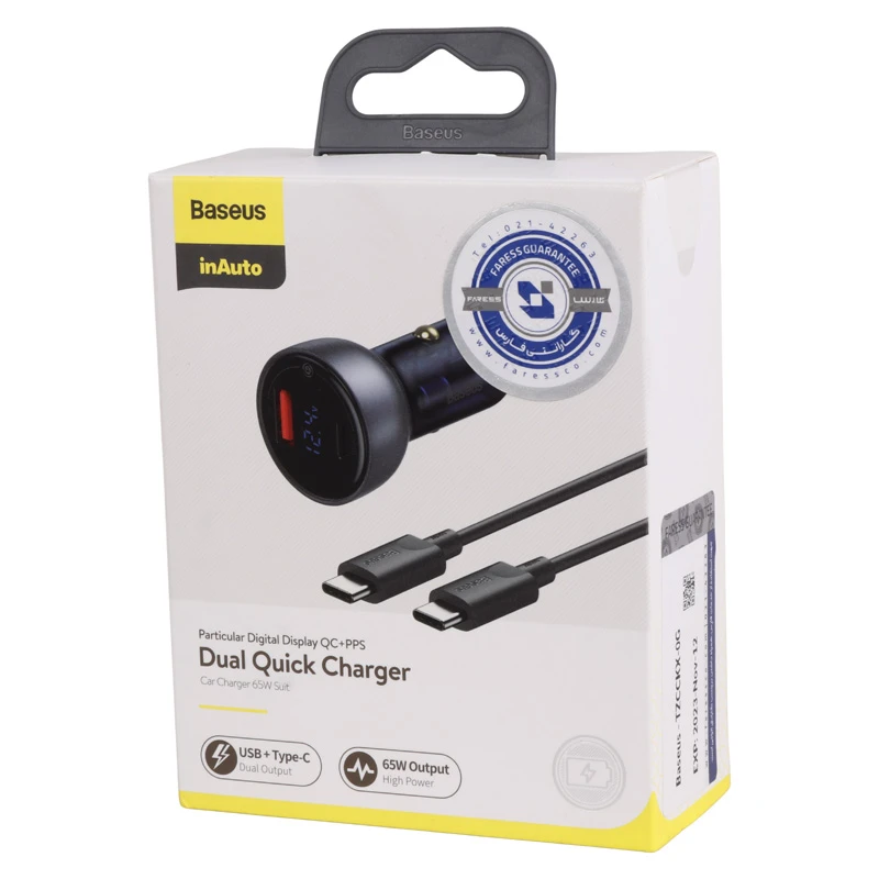 شارژر فندکی فست شارژ Baseus TZCCKX-0G 5A QC4.0 PD 65W + کابل تبدیل تایپ سی