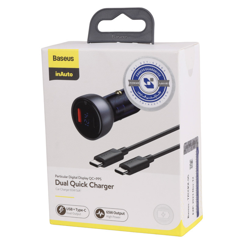 شارژر فندکی فست شارژ Baseus TZCCKX-0G 5A QC4.0 PD 65W + کابل تبدیل تایپ سی