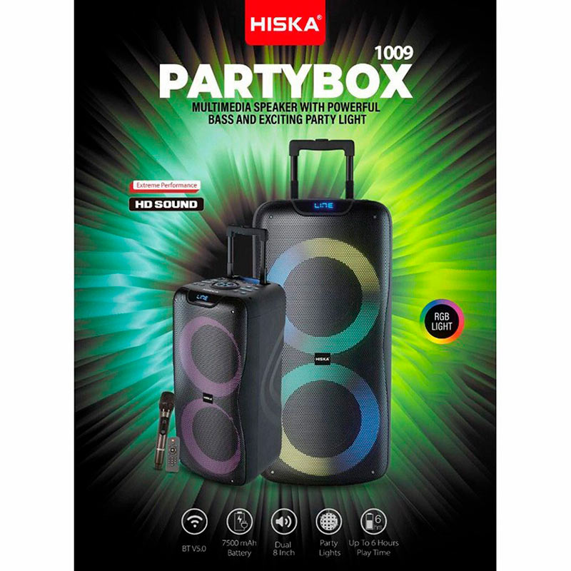 اسپیکر چمدانی بلوتوثی رم و فلش خور Hiska Party Box 1009 + میکروفون و ریموت کنترل