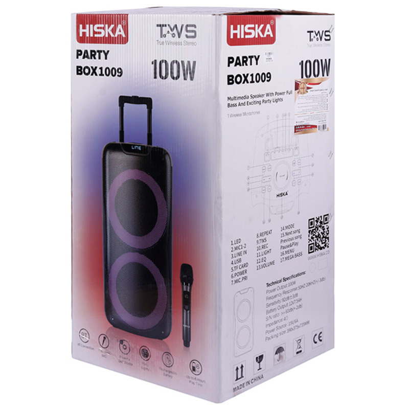 اسپیکر چمدانی بلوتوثی رم و فلش خور Hiska Party Box 1009 + میکروفون و ریموت کنترل