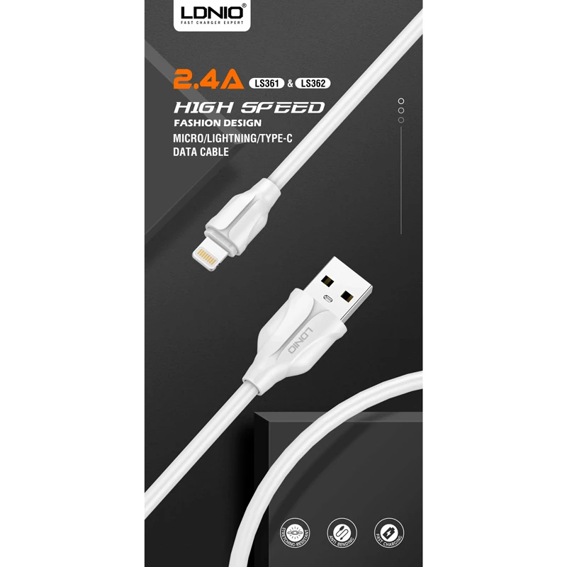 کابل لایتنینگ فست شارژ 2.4 آمپر الدینیو LS-362 طول 2 متر