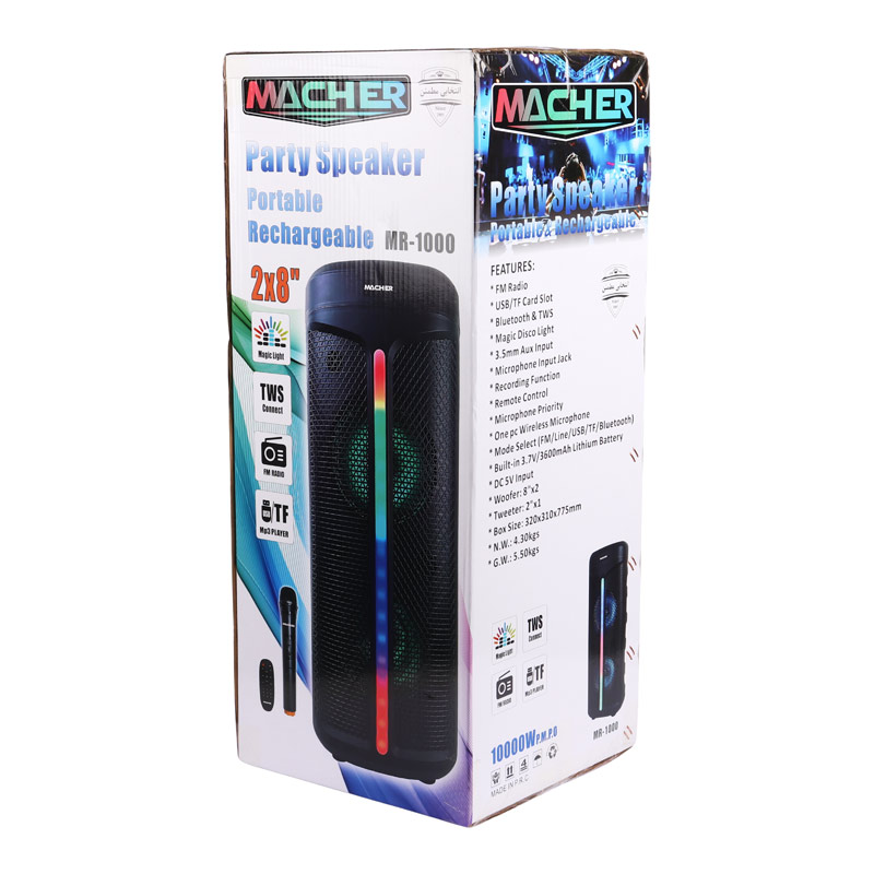 اسپیکر چمدانی بلوتوثی رم و فلش خور Macher MR-1000 + میکروفون و ریموت کنترل